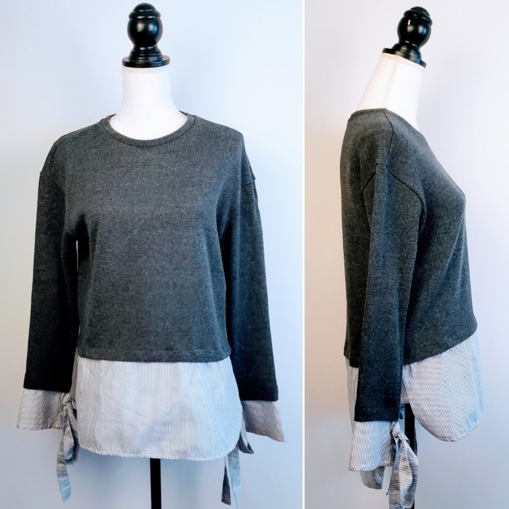 ZARA TRAFALUC Top, Dark Gray Blue Striped Long Sleeve Bow Boho Casual, S